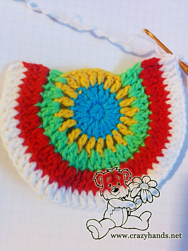 forming crochet pocket for rainbow cardigan - step four