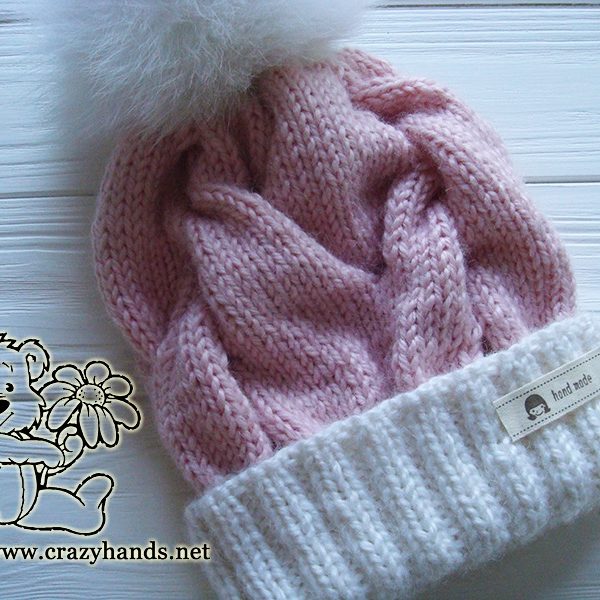 Pink Marshmallow Cable Knitted Hat with White Fur Pom Pom - Photo 4