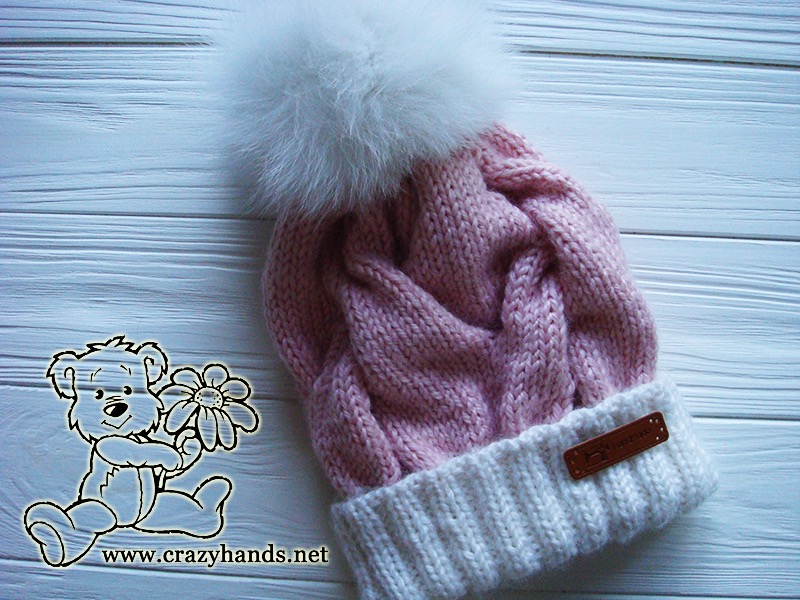 Pink Marshmallow Cable Knitted Hat with White Fur Pom Pom - Photo 4