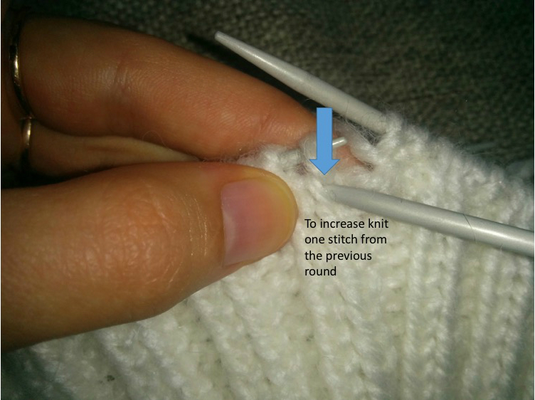 how to increase knit stitch from the previous round - step one