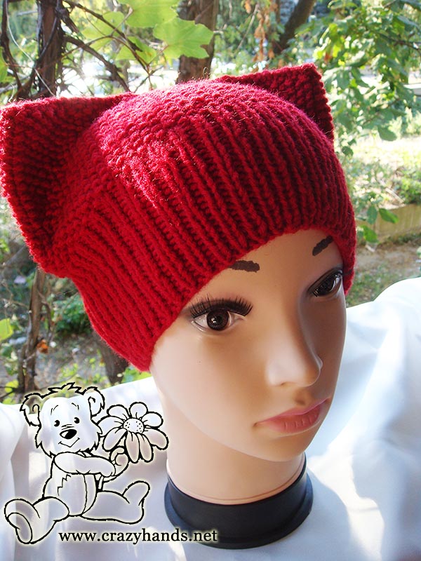knit cat hat on mannequin - left angle view 
