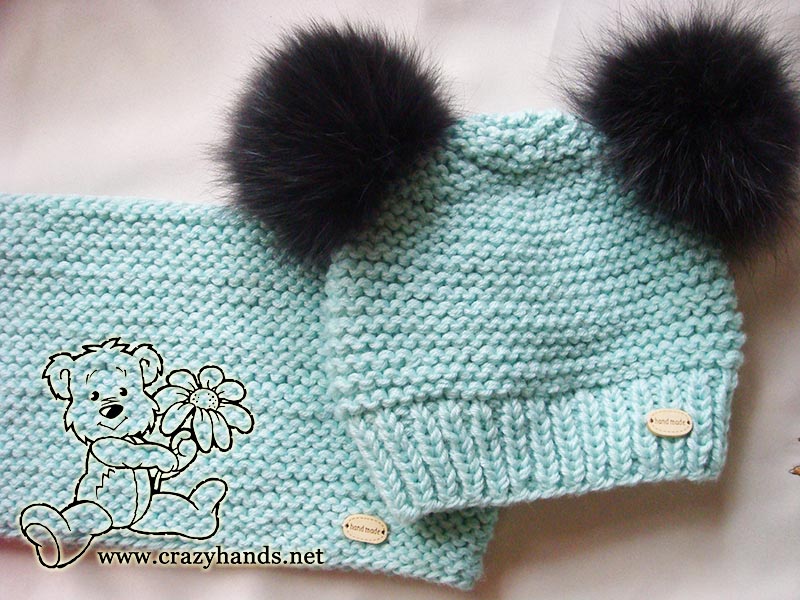 baby knit infinity scarf and baby knit hat with fur pom poms