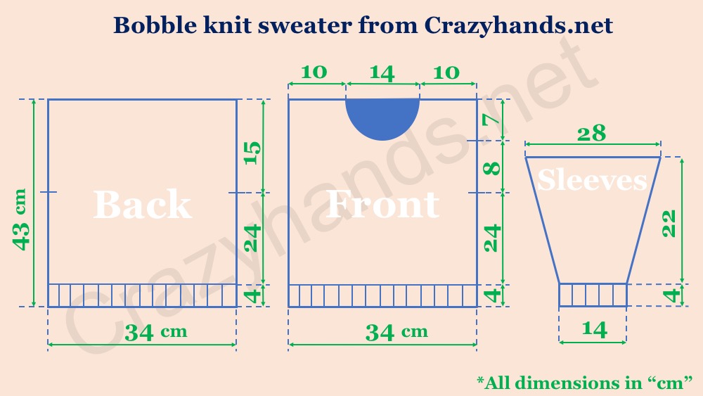 knitting scheme of oversized sweater with bobbles