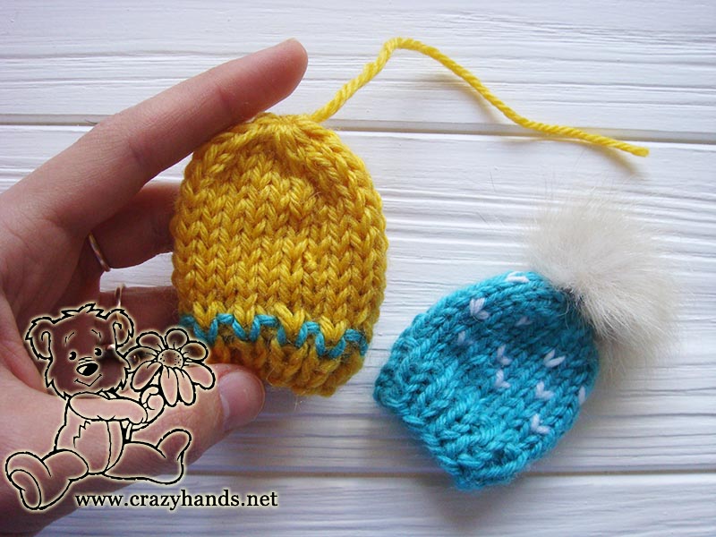 blue and yellow knit mini hats