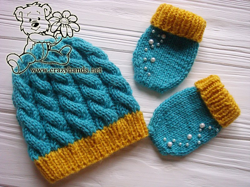 blue primrose set for a newborn baby - knit hat and thumbless knit mittens with embroidery