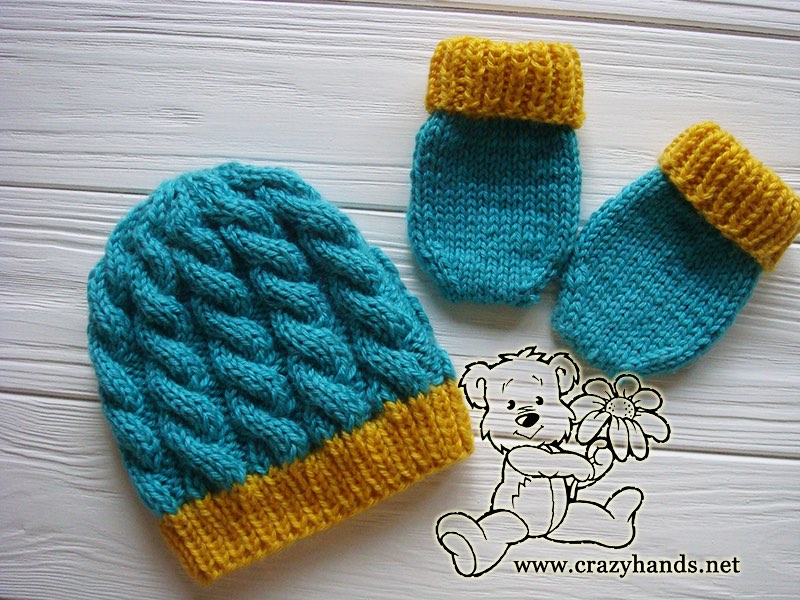 Blue Primrose Knit Hat and Knit Mittens for a Newborn Baby
