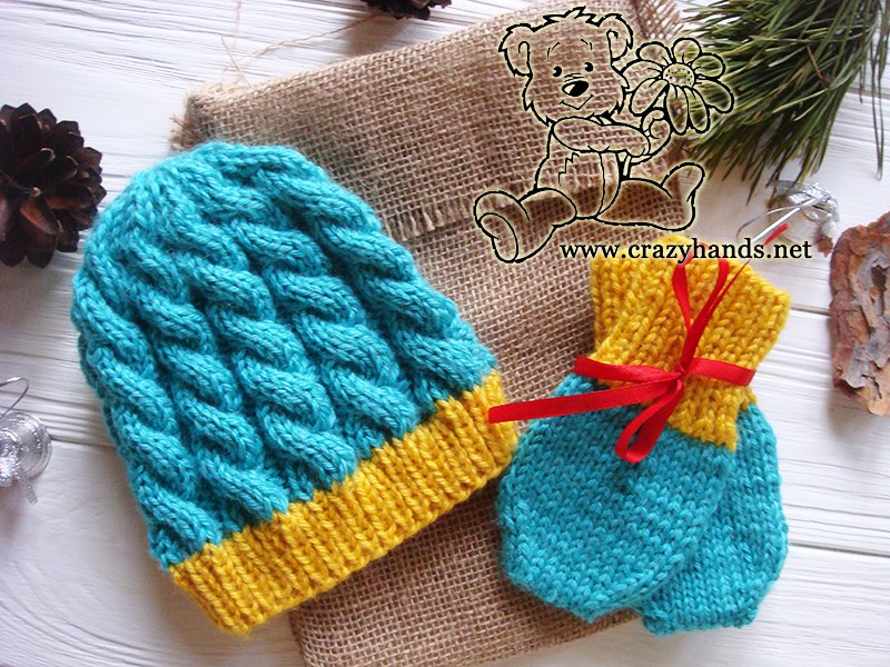 Christmas Blue Primrose Knit Hat and Knit Mittens