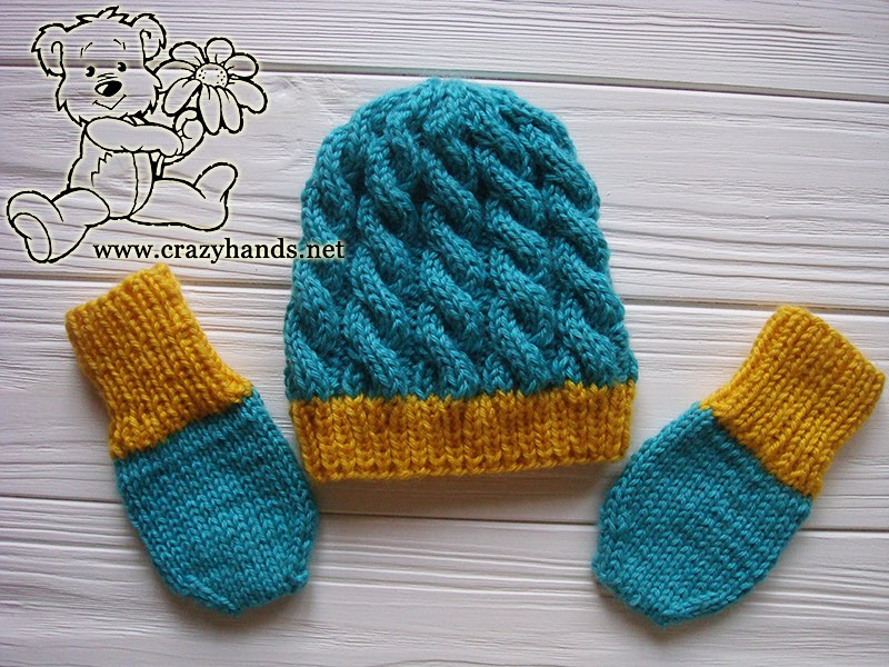 newborn baby set - thumbless knit mittens and knit hat