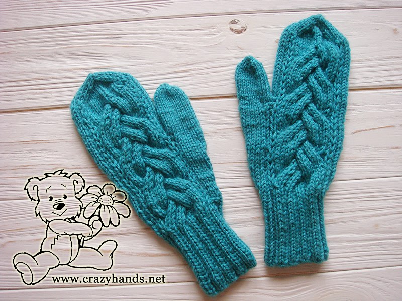 teal ocean knit mittens - face side