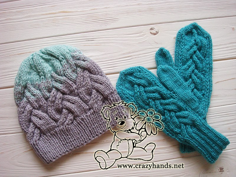 teal ocean knit mittens and gradient color knit hat