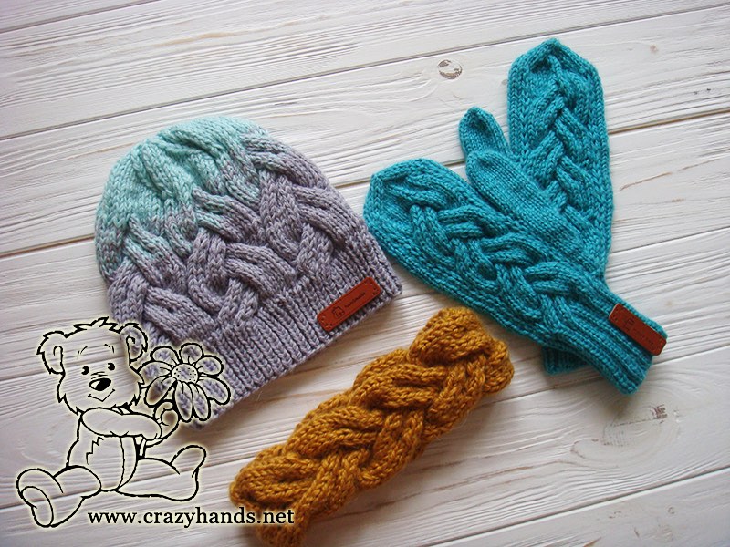 teal ocean knit mittens, gradient color knit hat and bulky braided headband