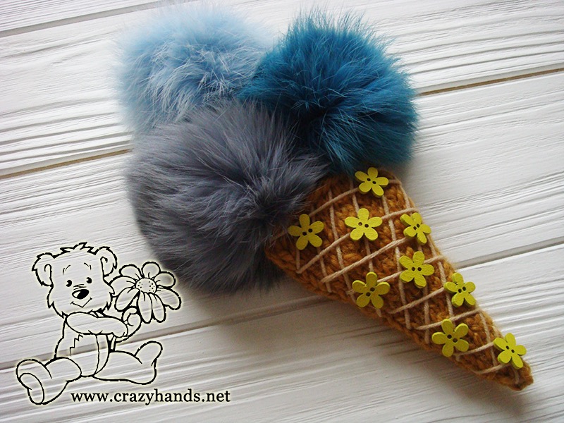 decorated knit ice cream cone with waffle flowers embroidery and fur poms
