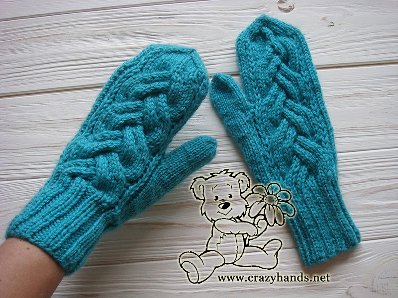 teal ocean cable knit mittens - face side