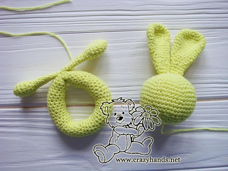 sew head to body of crochet bunny ring rattle
