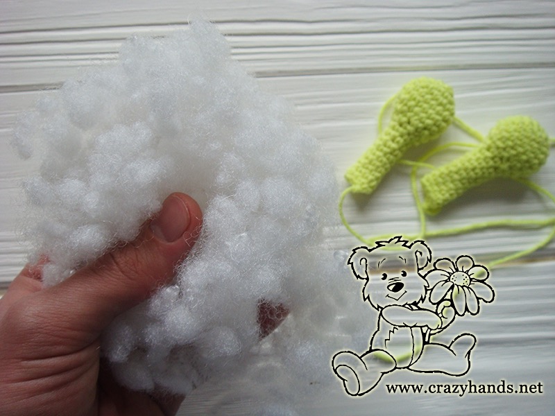stuffing crochet arms for bunny ring rattle with hollow fibre