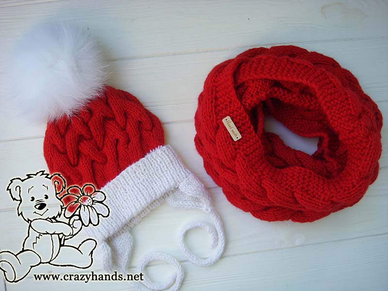 cable knit infinity scarf and cable hat with fur pom designed for babies