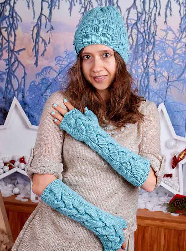 mint long knit fingerless gloves and knit hat on female model