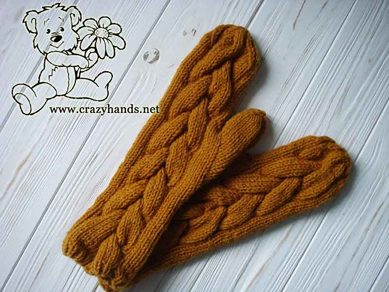Long Mustard knit cable mittens