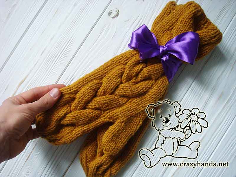 Pair of Long Mustard knit cable mittens