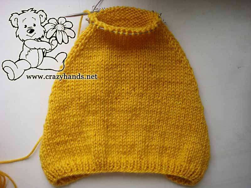 shaping crown of knit pixie baby hat - front part