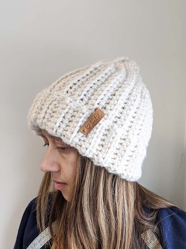 super bulky crochet hat for women made with white yarn