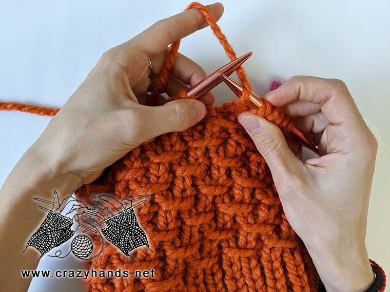 how to knit yarn over stitch for basket weave hat - step one