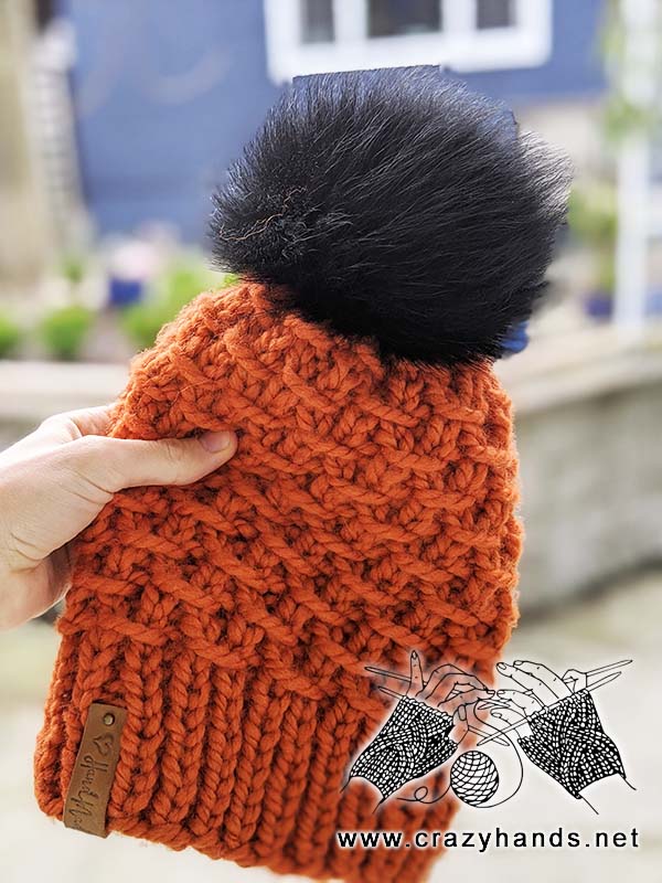 sandstone basket weave knit hat with fur pom pom