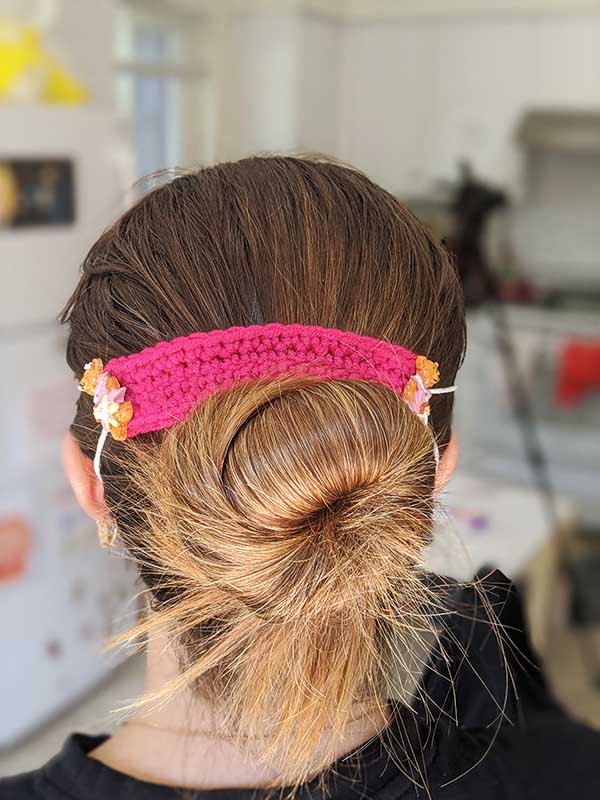 pink crochet ear strap for a face mask