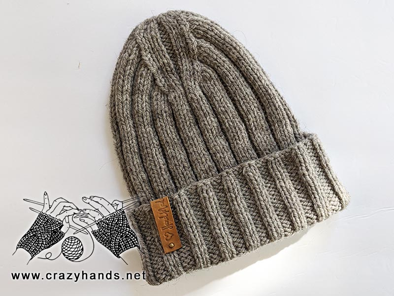 knit ribbed beanie with catchy crown designed for beginners