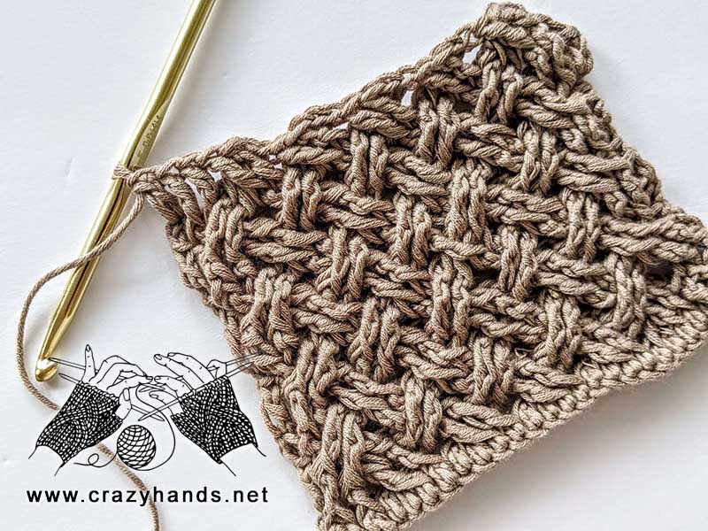Celtic weave crochet stitch pattern. Sample is made with about 20 rows with a light brown yarn