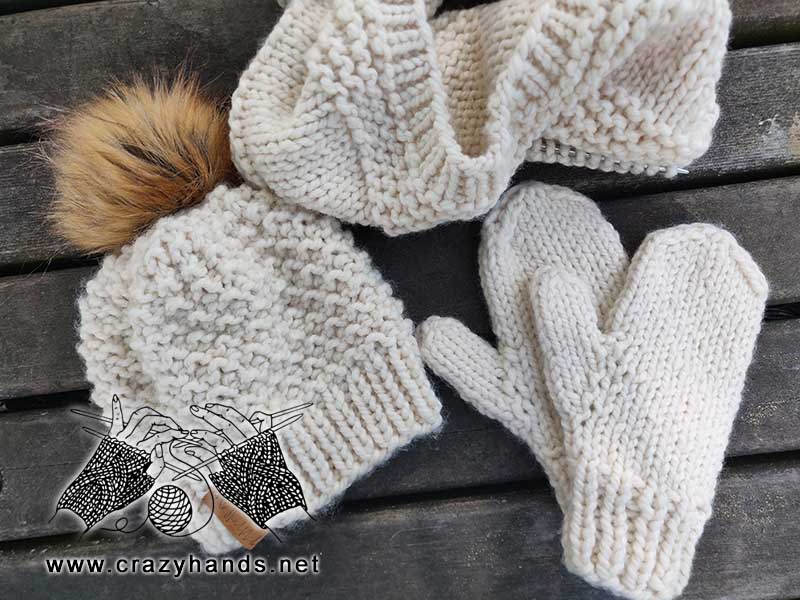 chunky knit set - snoflake hat, mittens and cowl. all garments knit using white yarn
