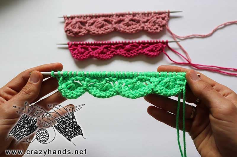scalloped knit edge made in three different colors - green, red, and pink