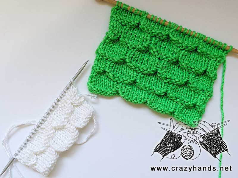 two samples of mermaid stitch pattern made with bright green and white yarn