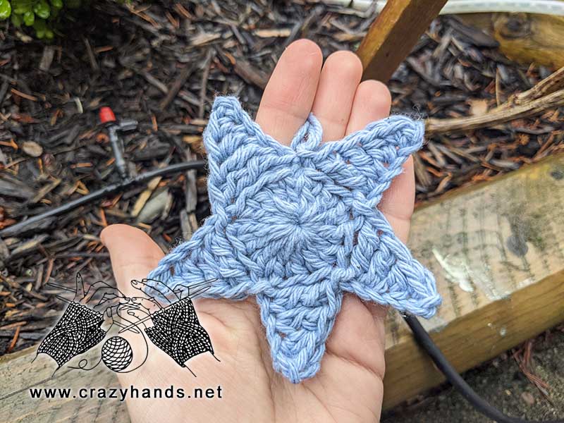 blue five point crochet star on the hand