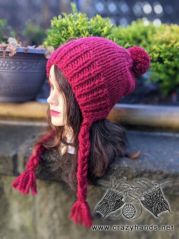 knit bulky red riding hood hat with ties and pom