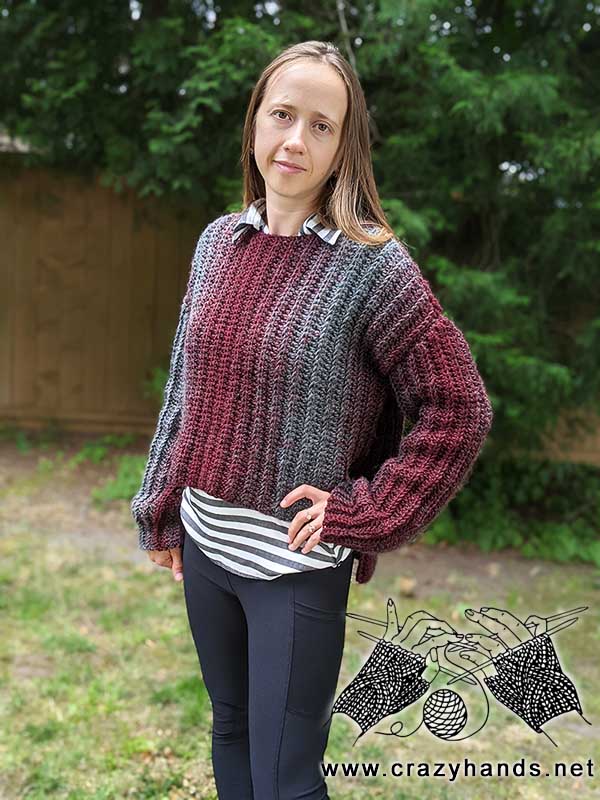 crochet oversized sweater on female model - front side view