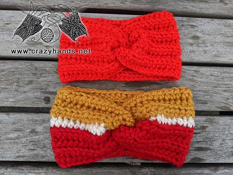 two top knot crochet headbands beside each other - one in red and one in multicolor yarn