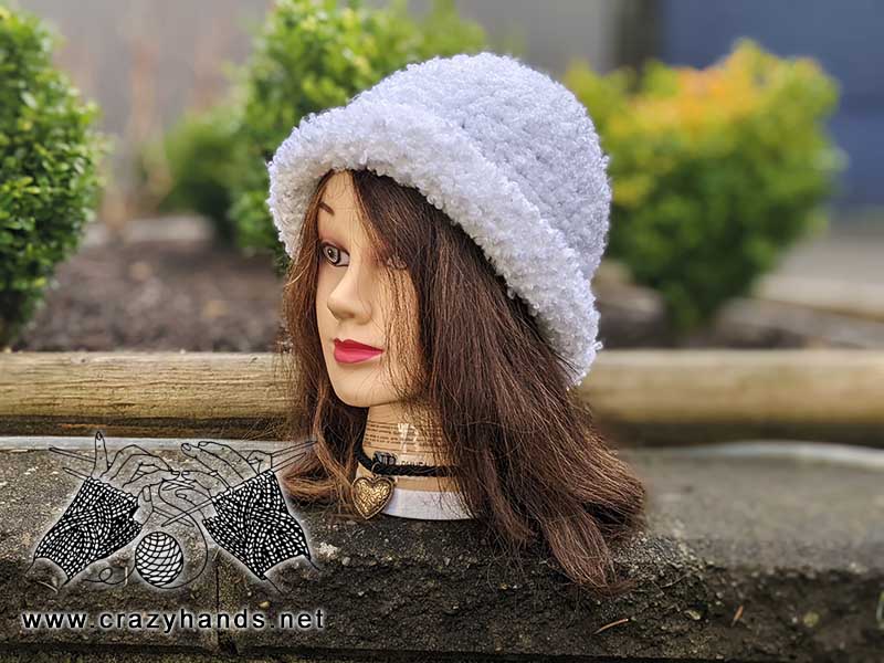 crochet bucket hat made with fur-like yarn