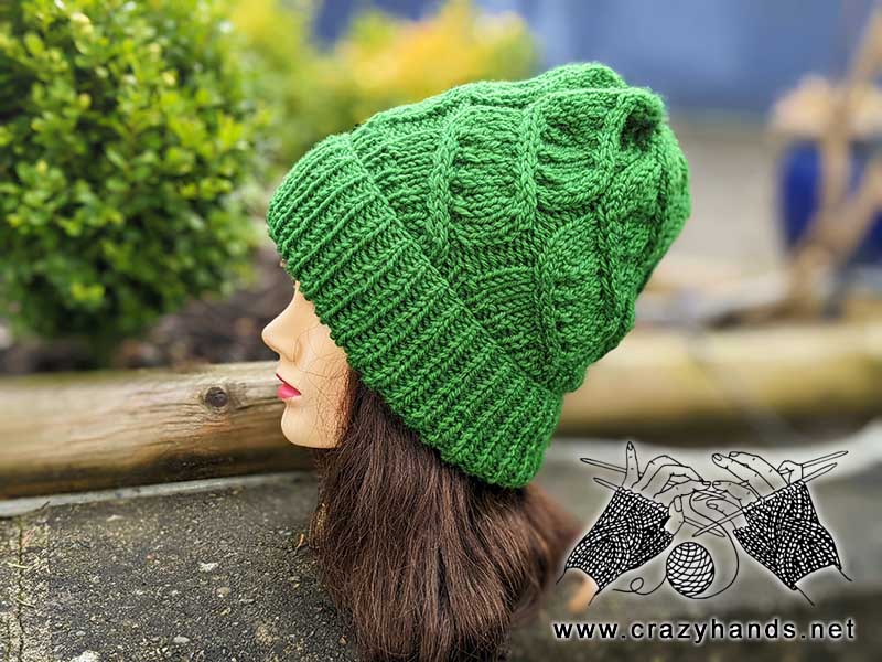 helix cable knit hat - left side shot on the mannequin