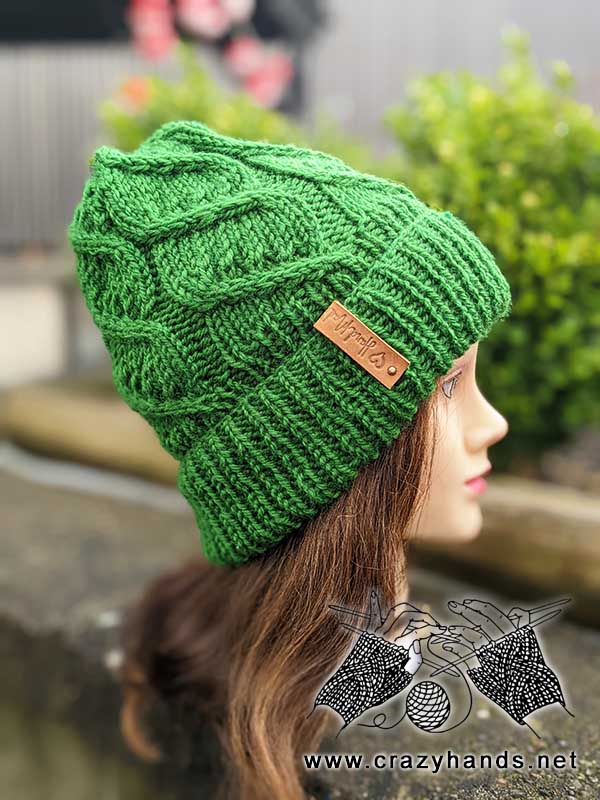 helix cable knit hat - right side shot on the mannequin