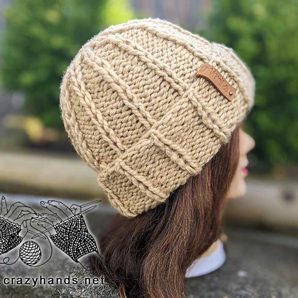 almond bulky knit hat with double brim on the mannequin head - side view