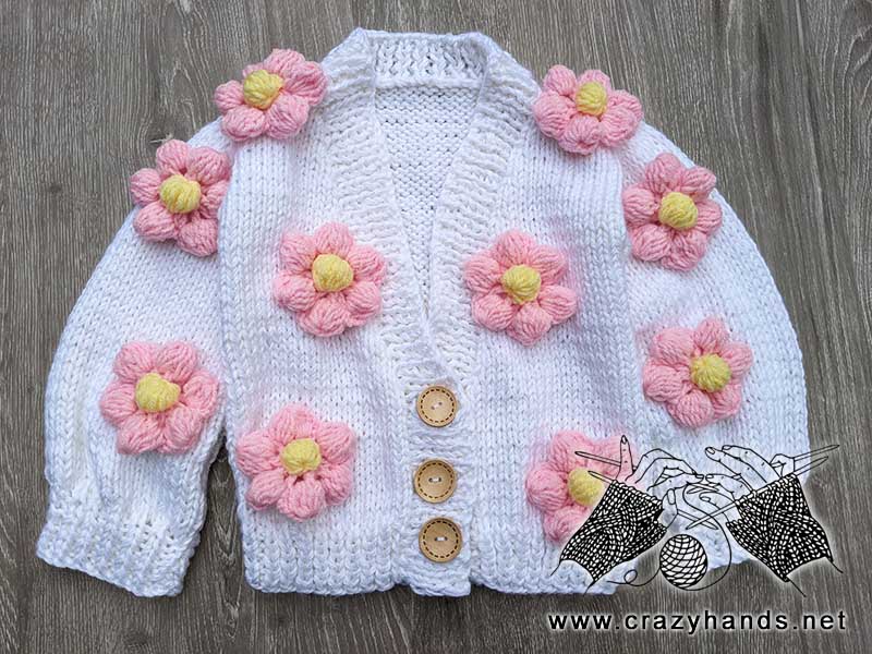 knit child cardigan pattern with crochet decor flowers