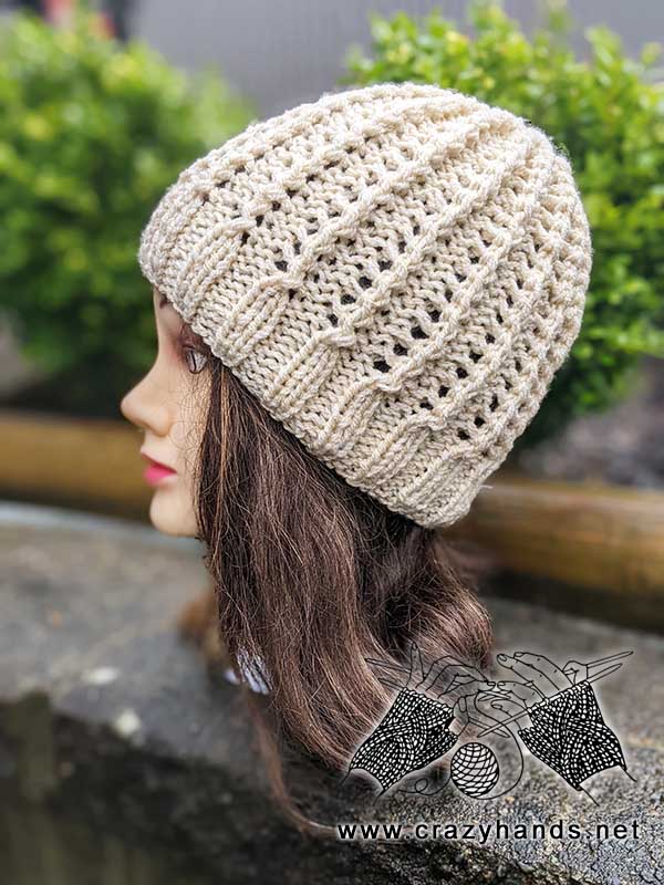 spring knit hat for women on mannequin head - left side view