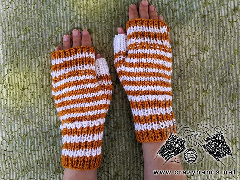 two needles knit fingerless gloves for women - top view
