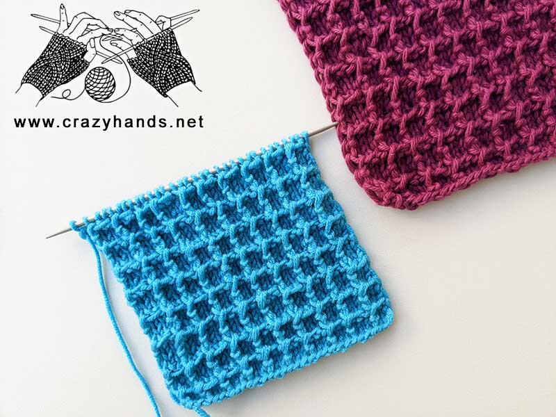 two waffle stitch square samples - one made in blue yarn and another one in violet yarn