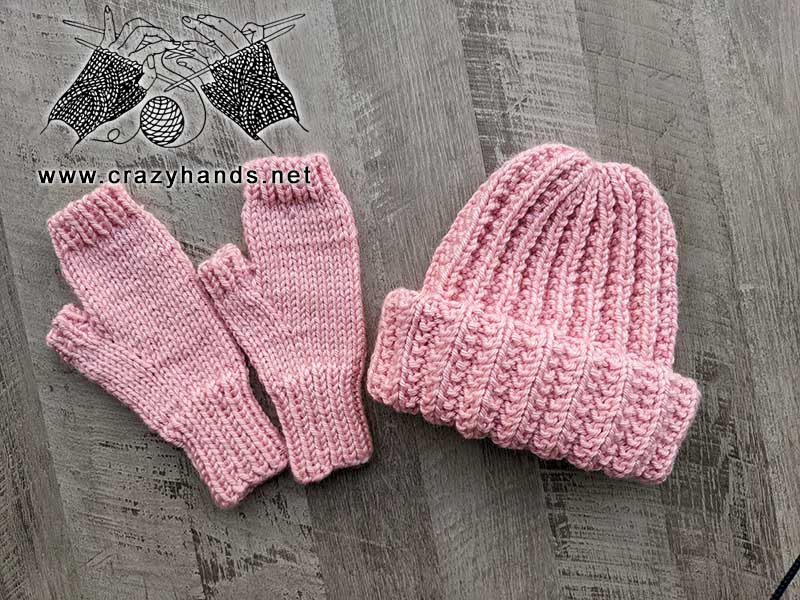 ribbed knit hat and fingerless gloves for women
