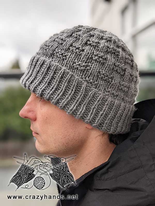 knit gray hat for man with folded brim