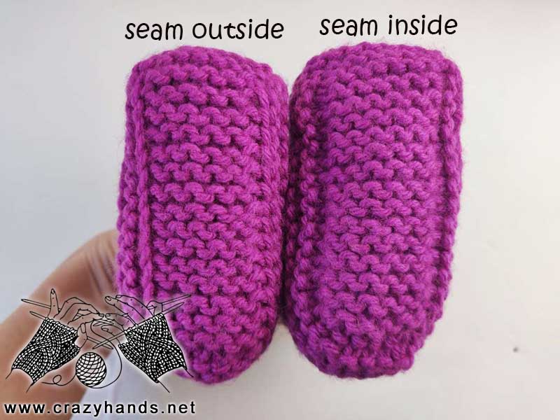 knit newborn baby booties - look of the seam from inside and outside