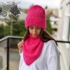 knit Barbie-style bandana cowl and winter hat on a female model
