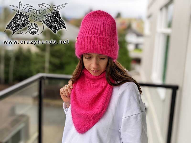 knit Barbie-style bandana cowl and winter hat on a female model